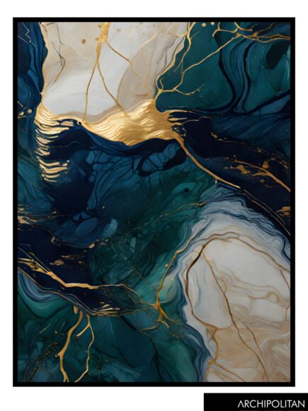 Framed Canvas Print - Abstract Cold Colour And Gold 3