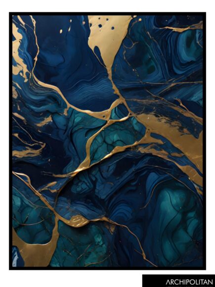 Framed Canvas Print - Navy, Green & Gold Marble  1
