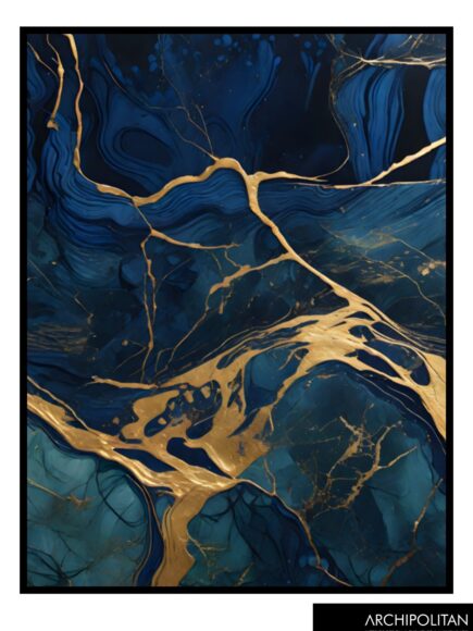 Framed Canvas Print - Navy, Green & Gold Marble 2