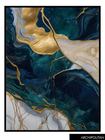 Framed Canvas Print - Navy, Green & Gold Marble 3