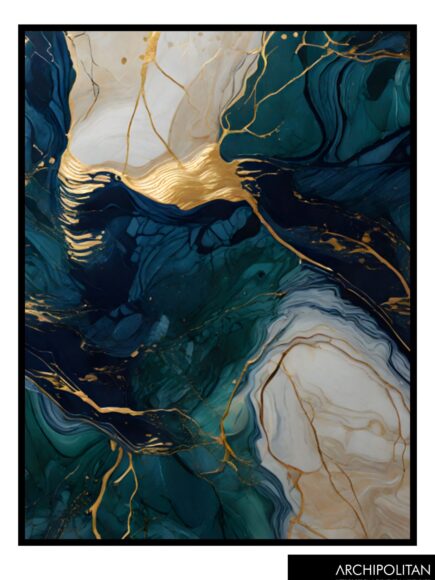 Framed Canvas Print - Navy, Green & Gold Marble 4