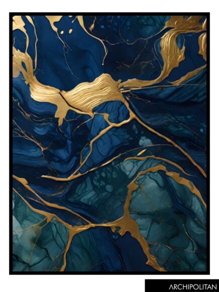 Framed Canvas Print - Navy, Green & Gold Marble 5