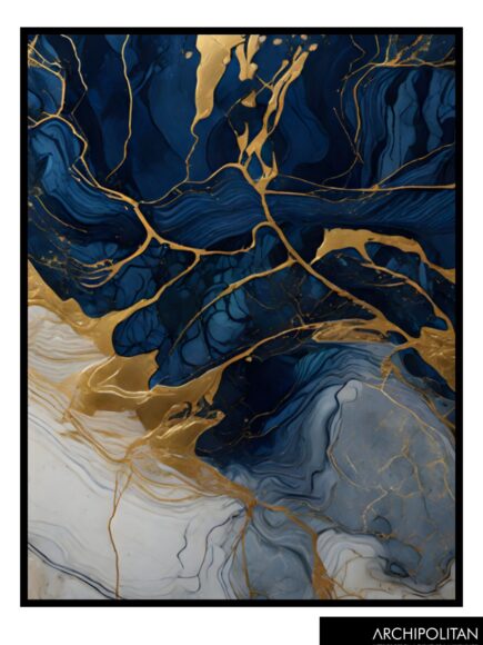 Framed Canvas Print - Navy, Green & Gold Marble 6