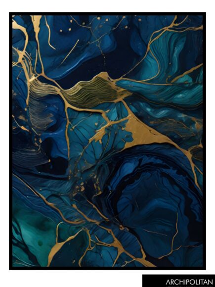 Framed Canvas Print - Navy, Green & Gold Marble 7