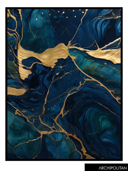 Framed Canvas Print - Navy, Green & Gold Marble 8