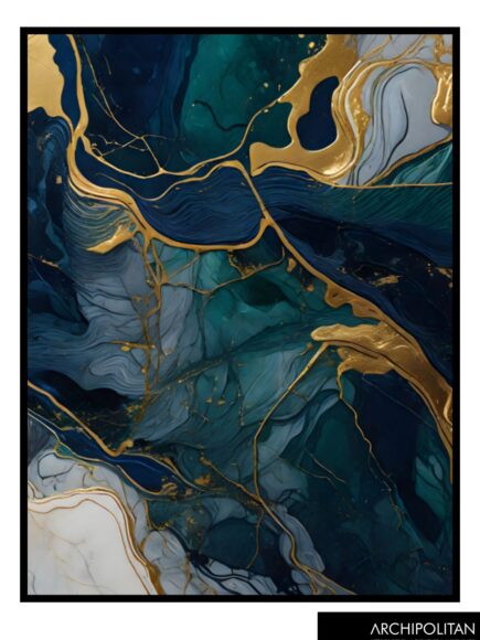Framed Canvas Print - Navy, Green & Gold Marble 9