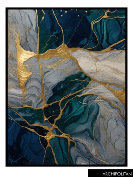 Framed Canvas Print - Navy, Green & Gold Marble 10