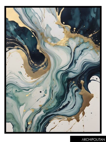 Framed Canvas Print - Pouring Art Blue & Gold 1