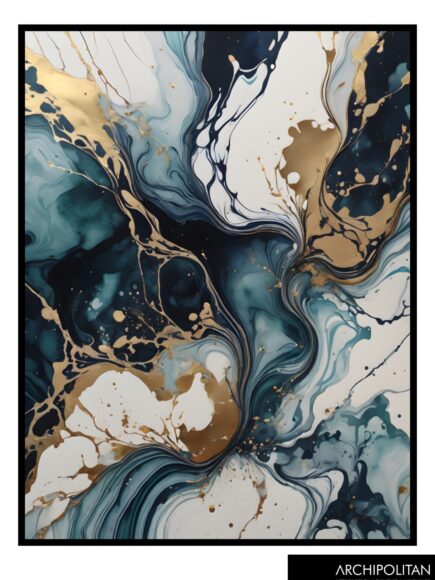 Framed Canvas Print - Pouring Art Blue & Gold 2