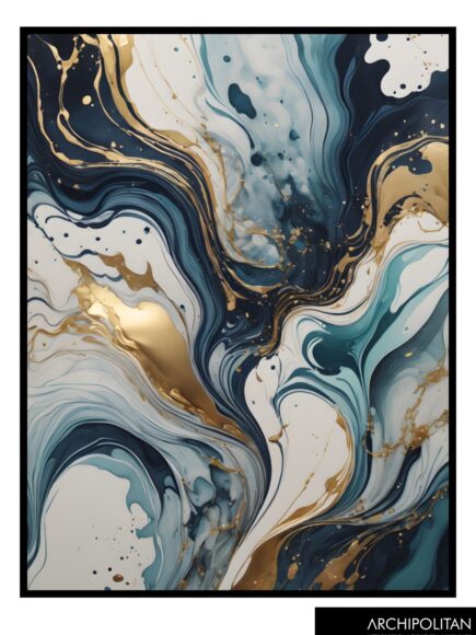 Framed Canvas Print - Pouring Art Blue & Gold 3