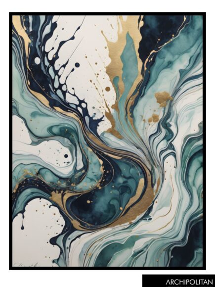 Framed Canvas Print - Pouring Art Blue & Gold 4