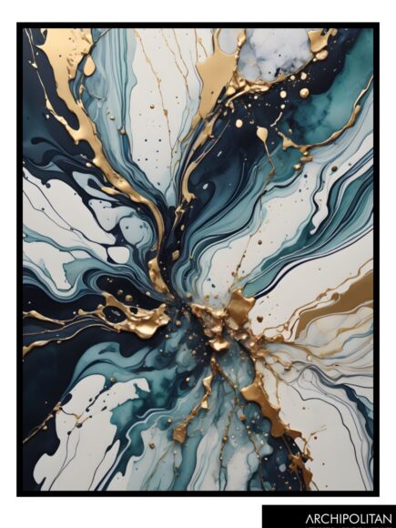 Framed Canwas Print - Pouring art Art Blue & Gold 5