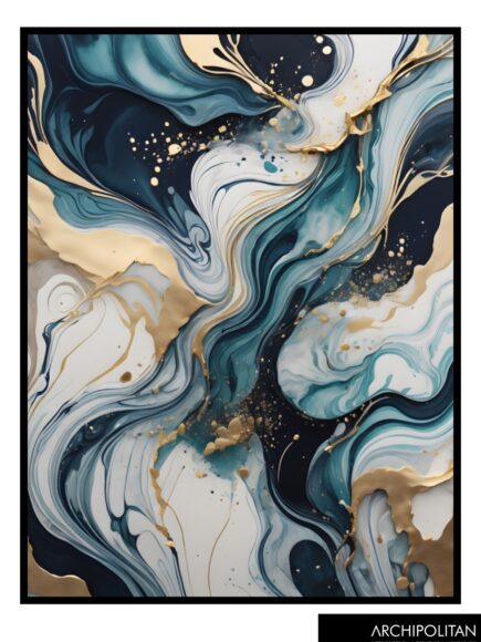 Framed Canvas Print - Pouring Art Blue & Gold 7