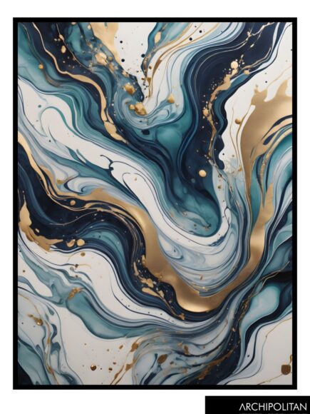 Framed Canvas  Print - Pouring Art Blue & Gold 8