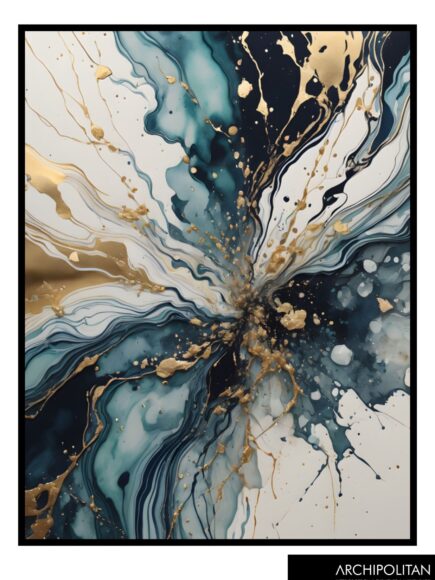 Framed Canvas Print - Pouring art Blue & Gold 9