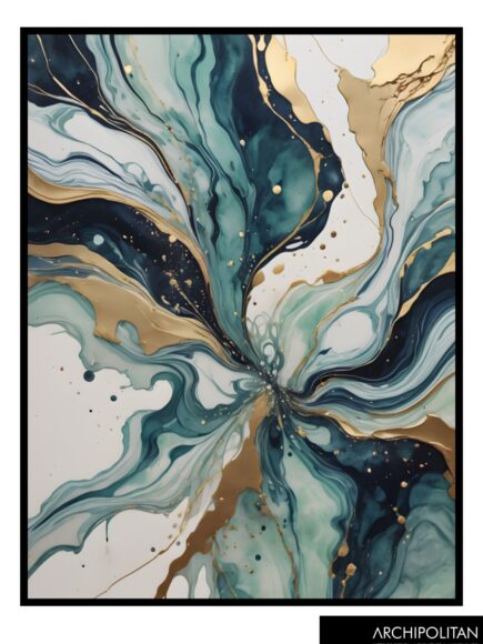 Framed Canvas Print - Pouring Art Gold & Tealk 2