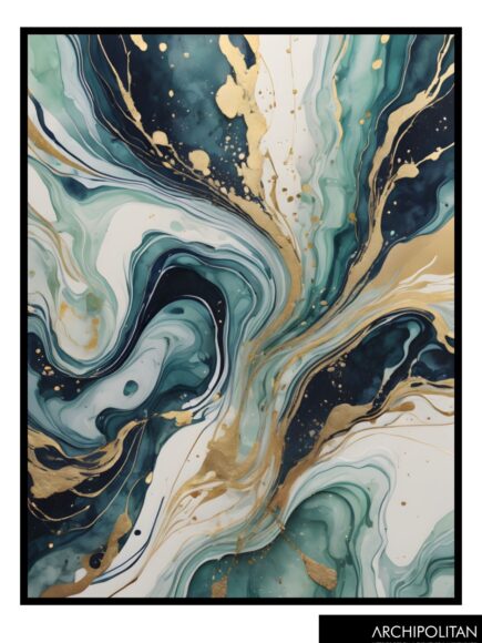 Framed Canvas Print - Pouring Art Gold & Teal