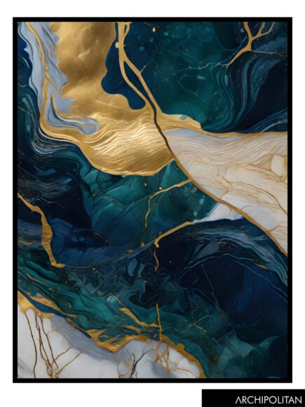 Framed Canvas Print - Abstract Cold Colour And Gold 1