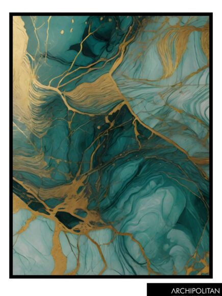 Framed Canvas Print - Green & Gold Marble 2