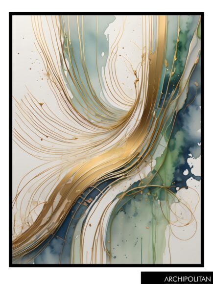 Framed Canvas Print - Green Water Colour With Metallic