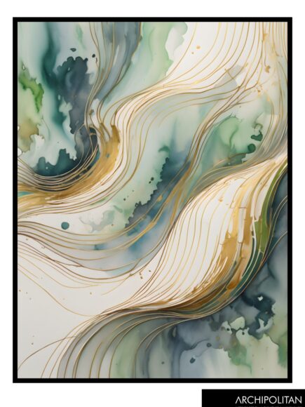 Framed Canvas Print - Green Water Colour With Metallic 2