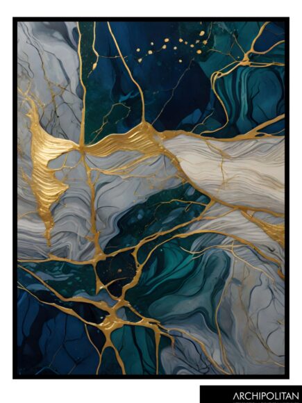 Framed Canvas Print - Abstract Cold Colour And Gold 2