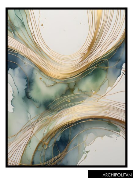 Framed Canvas Print - Green Water Colour With Metallic 3