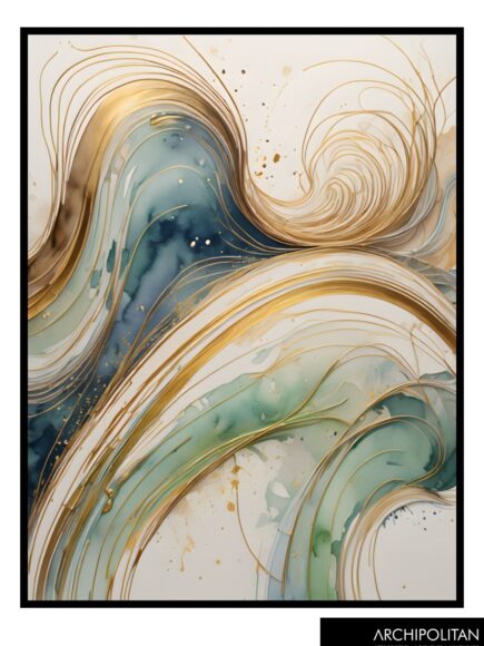 Framed Canvas Print - Green Water Colour With Metallic  5